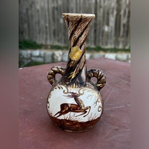 Henri Bequet Belgium Majolica Pottery handmade vase with deer circa 1930’s